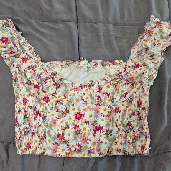 Cropped Size 10 Floral Ruched Blouse - Pink, Yellow, White With Side Zip - Picture 1 of 6